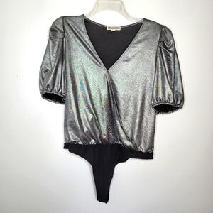 Anthropologie Pleione Womens Bodysuit XL Silver Metallic Faux Wrap Snap …